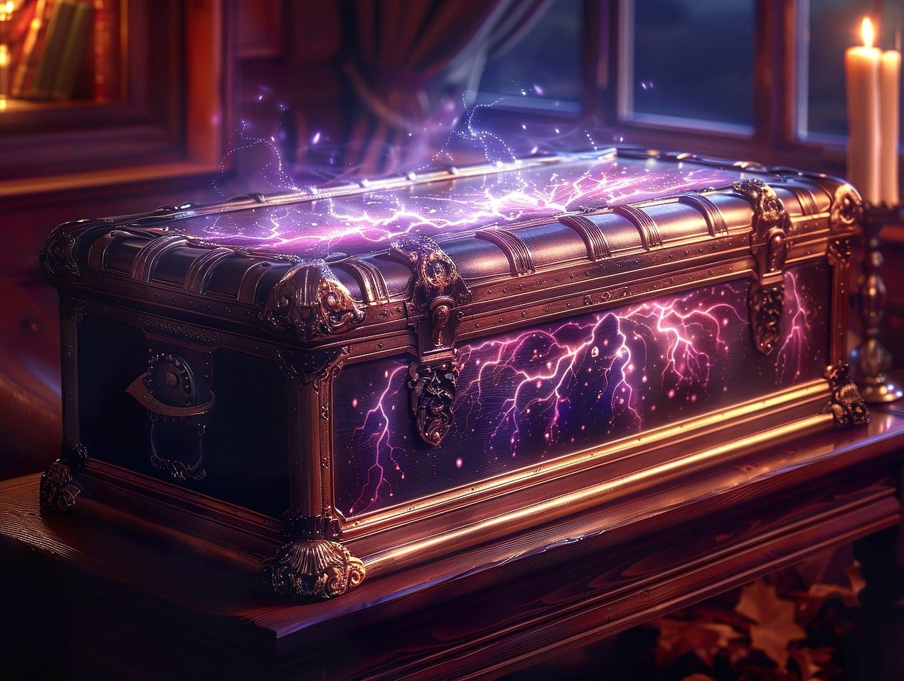 Magiczna skrzynia skarbów świecąca na fioletowo