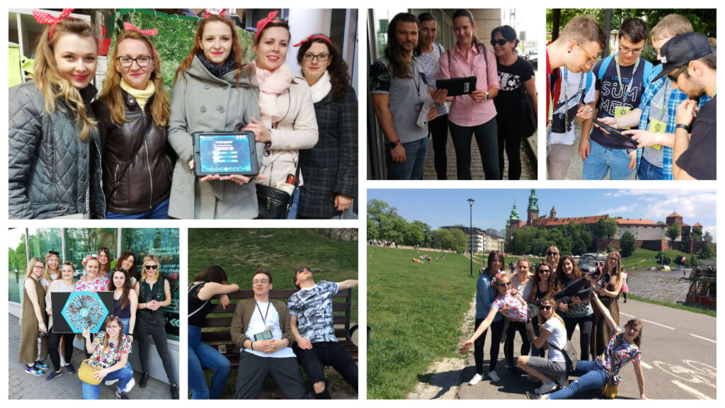 Collage of photos of groups with tablets playing outdoors, Wawel in the background
