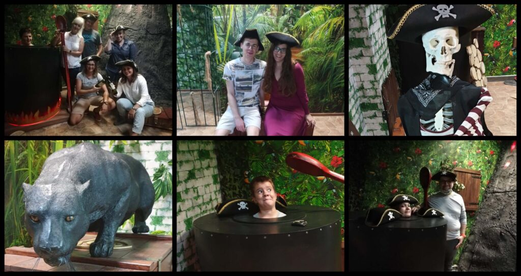 Collage from a pirate themed escape room: players in hats, a pirate skeleton and a panther figure