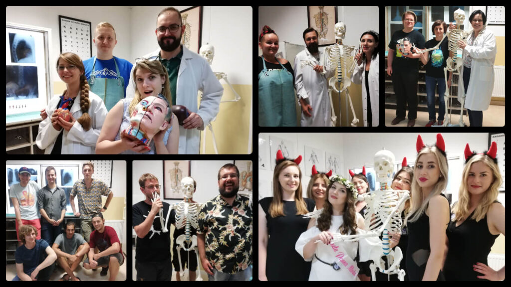 Collage of groups posing with a skeleton in a hospital style room