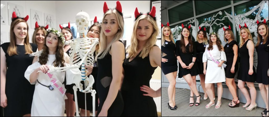 Collage of a group of women in black dresses and red devil horns with the bride wearing a flower crown