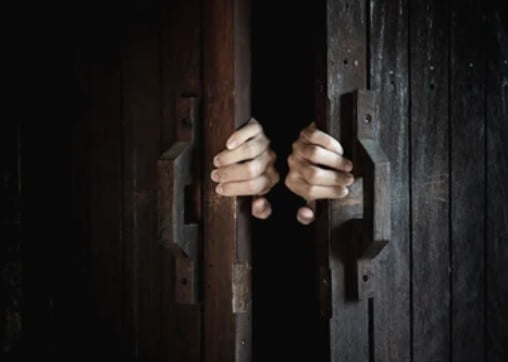 Hands pushing open a dark wooden door with handles