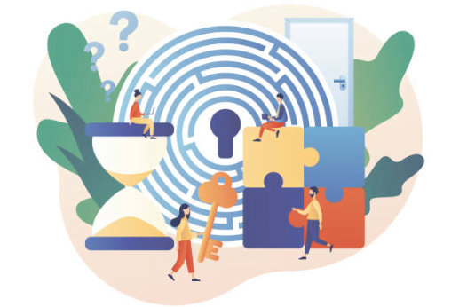 Illustration with a maze, an hourglass, puzzle pieces, a key and a door, plus small figures