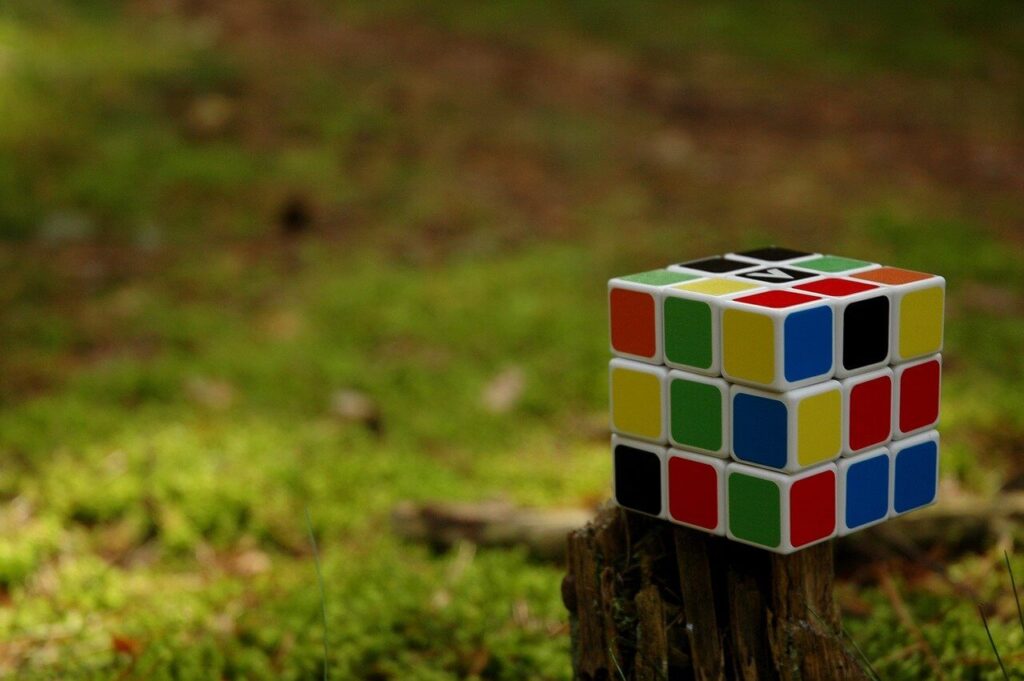 Rubik's Cube with scrambled colours on a tree stump in a forest