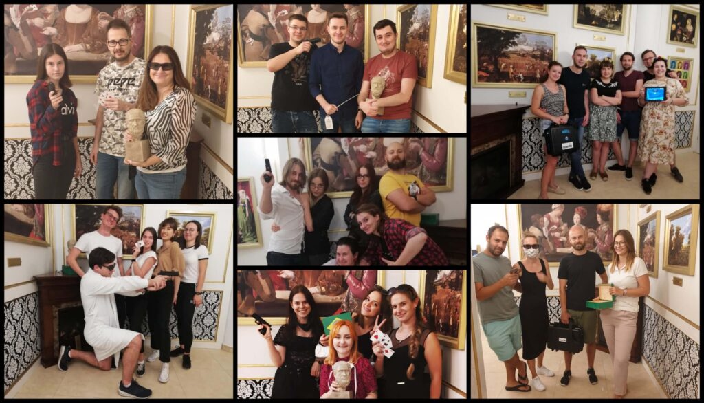 Collage of photos of groups with props, cards and a bust in a room with paintings on the walls