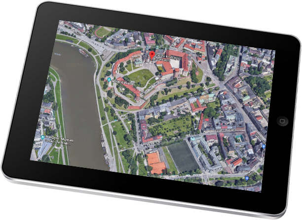 Tablet showing a satellite map of the area around Wawel and the Vistula.